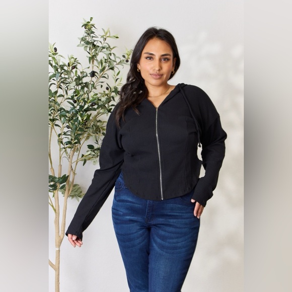 Culture Code Full Size Ribbed Zip Up Drawstring Hooded Jacket - Picture 6 of 12